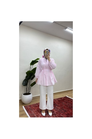 Moonsc Kadın Nervürlü Keten Tesettür Gömlek - Pembe