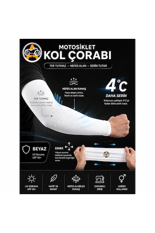 Akgüneş Motogaraj Motosiklet Kol Çorabı Uv Korumalı, Nefes Alan, Ter Tutmayan, Esnek Unisex Kol Kılıfı Beyaz