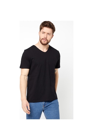 Erkek Indigo %100 Pamuk Basıc Regular Fit Pamuklu Kısa Kollu V Yaka T-shirt SIYAH