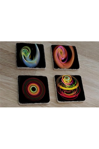 Radyal Renkli Tasarımlar Doğal Taş Bardak Altlığı 4'lü Set - Natural Stone Coasters - Taş Çok Renkli