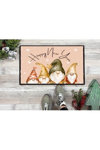 New Year Cüceler Mutlu Yıllar Kapı Önü Paspası 60x40 Cm Paspas Çok Renkli