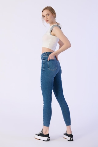 Skınny Cep Kapalı Dizler Lazerlı Paça Kesik Denim Pantolon-mavi Mavi