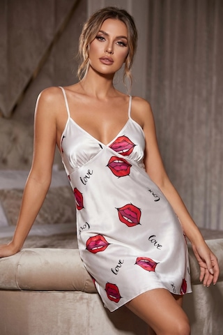 Leyna İnce Askılı Dudak Desli Yaz Sat Gecelik Tm1446 Beyaz