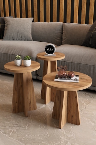 Alpa Ev Mobilya 3 Lü Mantar Zigon Sehpa Seti Modern Yuvarlak Tasarım, Dekoratif İskandinav Stil Antrasit Atlantikçam