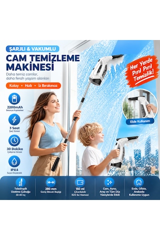 Şarjlı Cam Silme Makinesi Vakumlu Cam Temizleme Makinesi Cam Silecek Pencere Ayna Araç Camı Temizleyici Beyaz