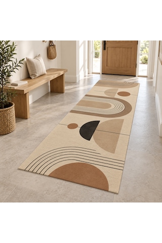 Kartela Halı Sakin Kemerler Krem Siyah Koridor Mutfak Yolluk Halısı Kaymaz Taban 80x240 Cm