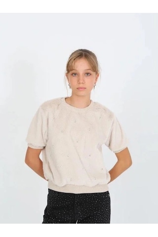 Kız Çocuk Kışlık Peluş Taşlı Yarım Kollu Tasarım Kazak-14821 Krem