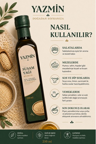 Yazmin Susam Yağı 250 Ml Cam Şişe Soğuk Sıkım %100 Doğal Saf Susam Yağı