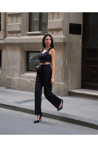 Kadın Crep V Yaka Yelek Ve Pantolon Takım Siyah