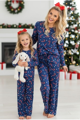 Siyah İnci %100 Pamuklu Şeker Baston Desenli Yılbaşı Temalı Örme Pijama Takım Lacivert Baston