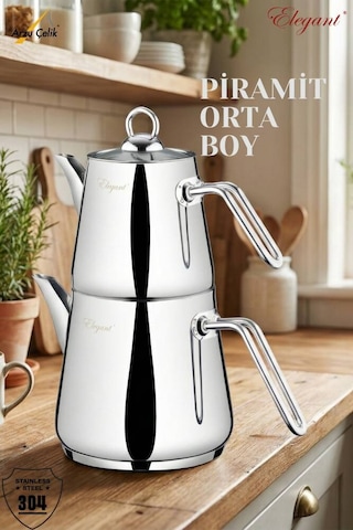 Piramit Orta Boy Çelik Kulplu Çaydanlık Takımı Çelik