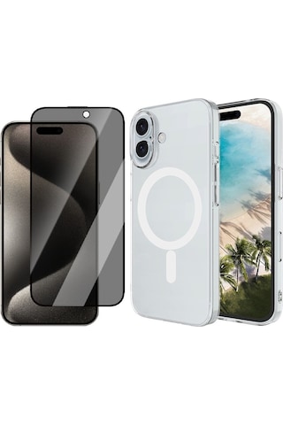 Vendas Apple Uyumlu iPhone 16 Kamera Korumalı M-safe Şarj Özellikli Şeffaf Zore London Sert Pc Kapak + Hayalet Ekran Koruyucu Şeffaf