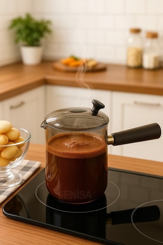 Çok Amaçlı Isıya Dayanıklı Cam Cezve & Sosluk 550 Ml - Ahşap Saplı Modern Tasarım Kahverengi