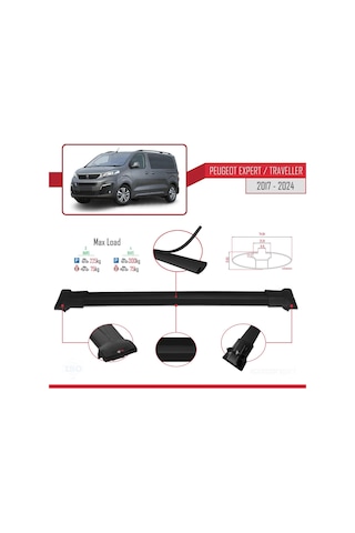 Peugeot Expert - Traveller 2017 Ve Sonrası İle Uyumlu Fly Model Ara Atkı Tavan Barı Siyah 4 Adet Bar