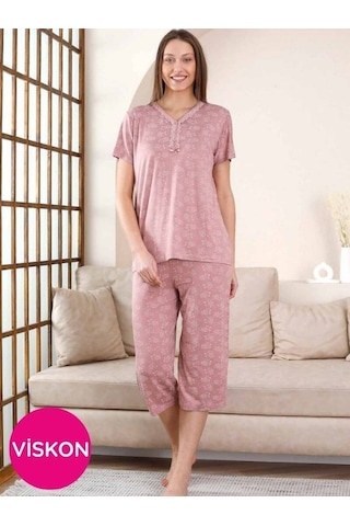 Kadın Gül Kurusu V Yaka Dantel Detay Viskon 3 Düğmeli Kısa Kol Yazlık Kapri Pijama Takımı Gül Kurusu