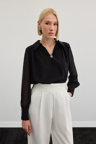 Sateen Aksesuarlı Salaş Bluz - Siyah-136471 Siyah