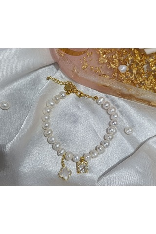 Gerçek İnci Yonca Kalp Detay Altın Kaplama Kadın Bileklik Gold