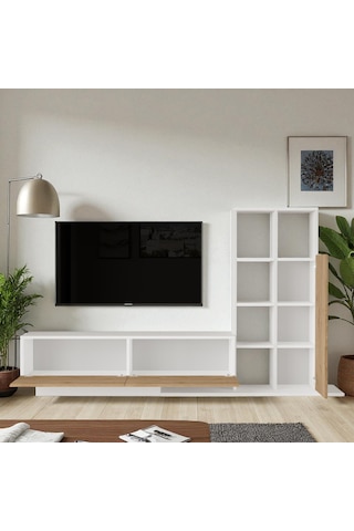 Robin Home Tv Ünitesi Kapaklı Kitaplık Raflı Beyaz Beyaz