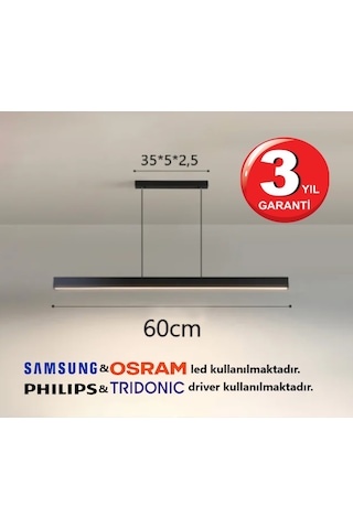 Linear Magro 60cm Siyah Kasa Sarkıt Modern Led Avize, Salon, Mutfak, Ofis, Mağaza, Masa Üstü Led Doğal