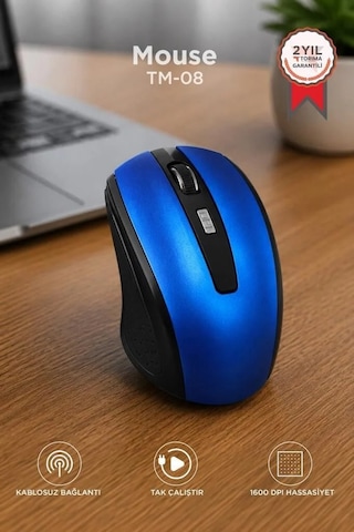 Delux Serisi Bilgisayar Ofis Teknoloji Mouse Optik Kablosuz Fare Tm08 Mavi