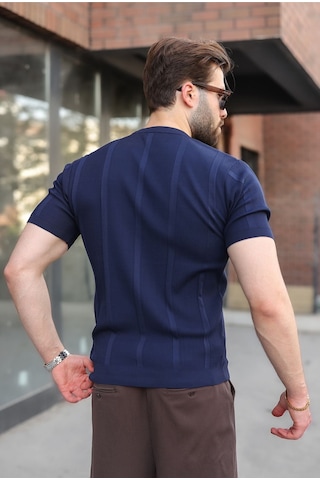 Madmext Lacivert Regular Fit Bisiklet Yaka Fitilli Triko Erkek Tişört E7490