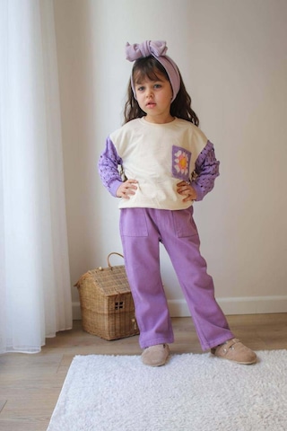 Kız Çocuk Kol Triko Modelli Punch İşlemeli Gabardin Pantolonlu 2li Takım Lila
