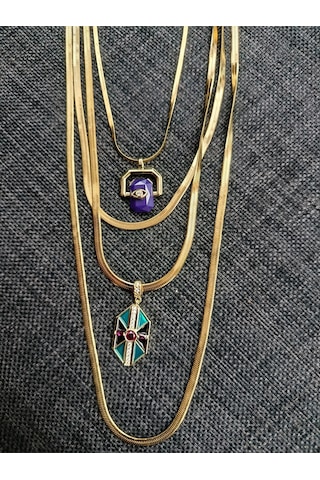 Kadın 316l Çelik Gold Çok Katmanlı Zincir Kolye - Mor Taşlı Göz Ve Geometrik Desen Sarkaçlı Kombin Kolye Altın