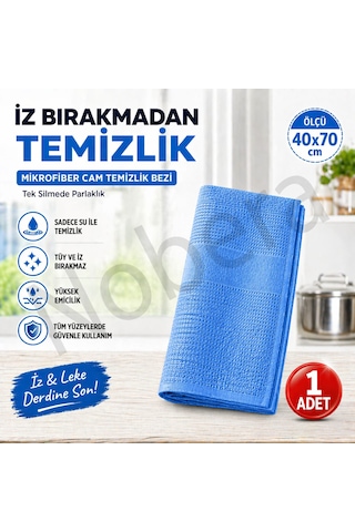 Nobera Mikrofiber Cam Bezi 1 Adet 40x70 İz Bırakmayan Cam & Yüzey Temizlik Bezi Mavi Açık Mavi