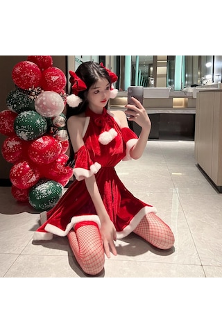 Homyl Cosplay Parti Rol Oynamak Için Yılbaşı Baba Mini Elbise Kırmızı