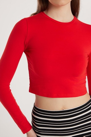 Tudors Kadın Slim Fit Pamuklu Düz Bisiklet Yaka Kırmızı Bluz-33731 Kırmızı