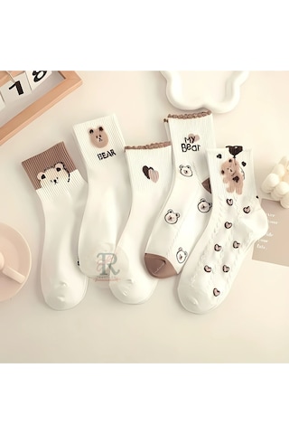 Trampler Kadın 5 Çift Ayı Balon Kalp Desenli Mevsimlik Şık Çorap Kahverengi