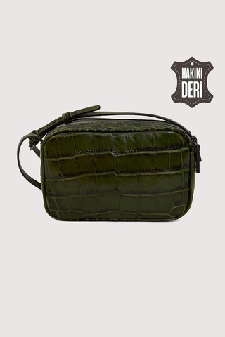 Hakiki Deri Kadın Çapraz Omuz Çantası Yeşil Kroko Smr8975 Yeşil Kroko