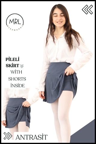 Kız Çocuk Pileli Etek Antrasit Yüksek Bel İçi Şortlu Likra Kumaş Okul-oyun-spor-etkinlik Eteği 4103 Antrasit / Gri