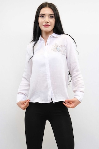 Sevgi Butik Moda Çizgi Taşlı Keten Gömlek Mc2301 Beyaz 001