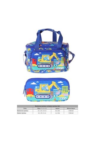 Kaukko Kids Erkek Çocuk Dinazor Ve İş Makinesi Baskılı Mavi - Sarı Thermo Beslenme Çantası Ve Kalemlik Seti - Setkk-l5370