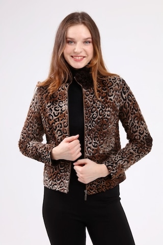 Leatinn Kahverengi Kadın Leopar Desenli Deri Ceket