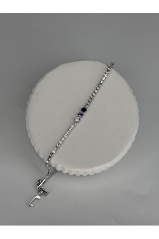 Mor Ve Siyah Taş Detaylı Gümüş Renk Çelik Bileklik Zarif Kadın Takı Gümüş