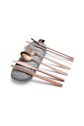 Katlanır Sofra 304 Paslanmaz Çelik Kore Bıçak Çatal Kaşık Çubuklarını Saman Taşınabilir Sofra Seti Seyahat Çubuklarını Gül Altın