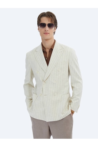 Kip Bej Çizgili Modern Fit Keten Karışımlı Ceket Bej