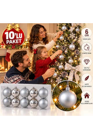Yılbaşı Ağacı Süsü 10 Adet 6 Cm Çapında Yılbaşı Topu Gümüş Canlı Renkler 6cm