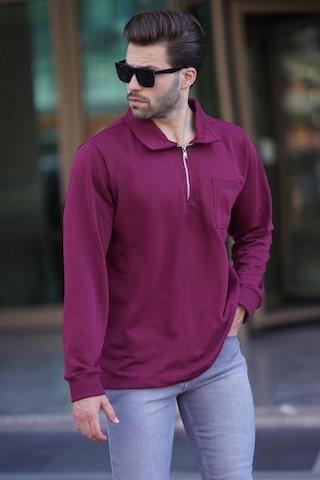 Madmext Bordo Polo Yaka Fermuarlı Uzun Kollu Erkek Sweatshirt 7057 Bordo