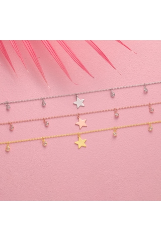 Queen Silver Jewelry 925 Ayar Gümüş Yıldız Objeli Zirkon Taş Sallantılı Halhal Altın