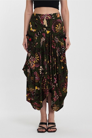 Schık Kadın Viskon Empirme Çiçek Baskı Bohem Stil Cepli Bel Lastikli Etek Haki