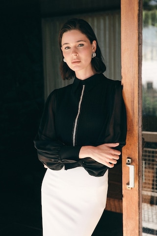 Sateen Nervür Detaylı Bluz - Siyah-136741 Siyah