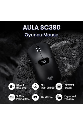 Aula Sc390 Paw3311 Sensör 20000 Dpı 1000hz Kablolu Ve Kablosuz Gaming Oyuncu Mouse Siyah Sc390