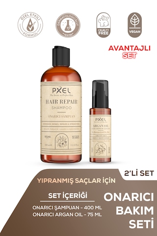 Pxel Onarıcı Şampuan - Argan Serum 2 Li Set Vegan 400 Ml, 75 Ml