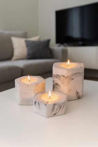 Dekoratif Tealight Mumluk Mermer Desenli