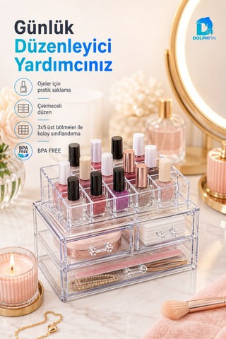 Üç Çekmeceli Oje Düzenleyici Makyaj Kozmetik Takı Ruj Organizeri 23x14x16 Cm Şeffaf