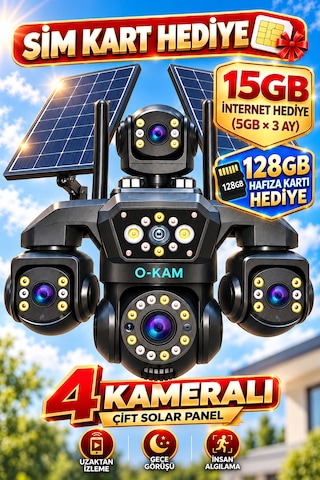 O-kam Oks340 12mp 4 Kameralı 4g Çift Solar Panel Gece Görüş 128gb Hafıza Kartı 15gb İnternet Akıllı Kamera