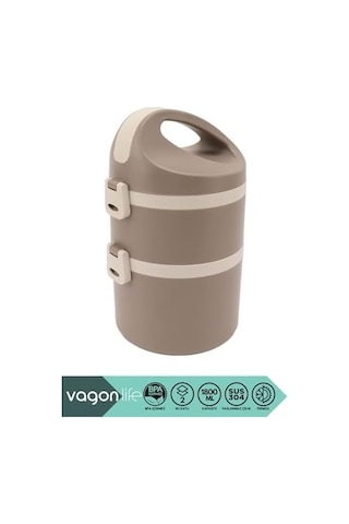 1800ml Lunchbox 2 Katlı 4-6 Saat Sıcak/soğuk Termos Özellikli Çelik Sefer Tası Yemek Kutusu Kahverengi Açık